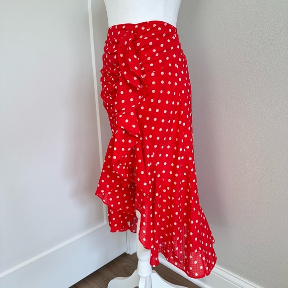Finders Keepers Red with White Polka Dot Midi Ruffle Skirt Women's Size 6 Medium - Picture 2 of 11